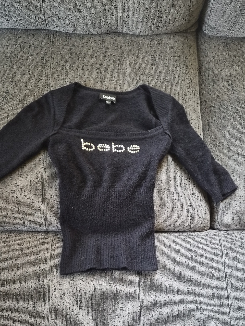 bebe Black Knit Top with Pearl Logo